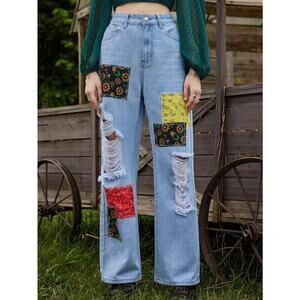 Romwe Size Small Hippie Paisley Floral Patched Ripped Jeans Blue Light Wash